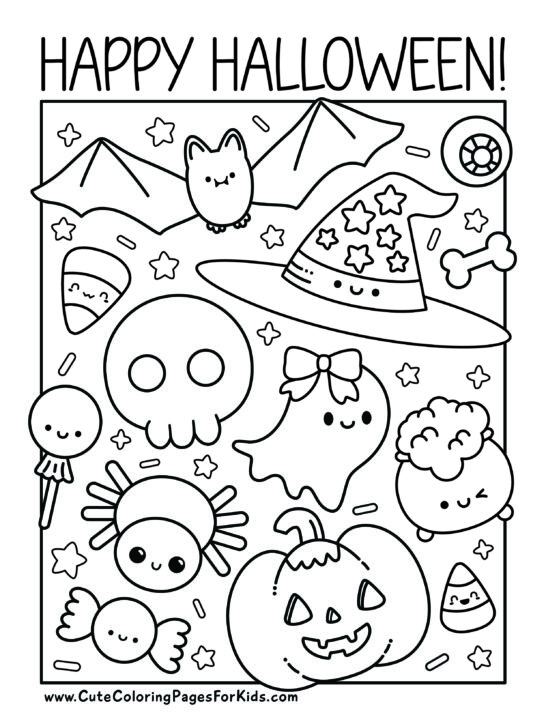 Happy Halloween coloring page with full page of line drawings of kawaii Halloween elements