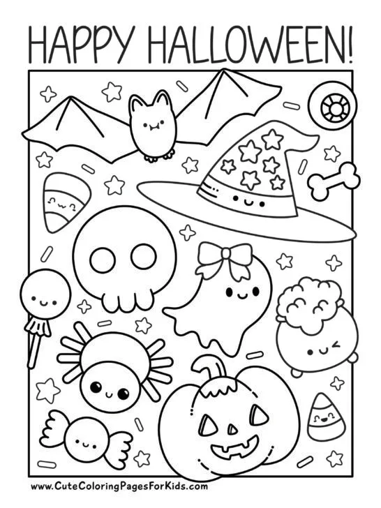 Happy Halloween coloring page with full page of line drawings of kawaii Halloween elements