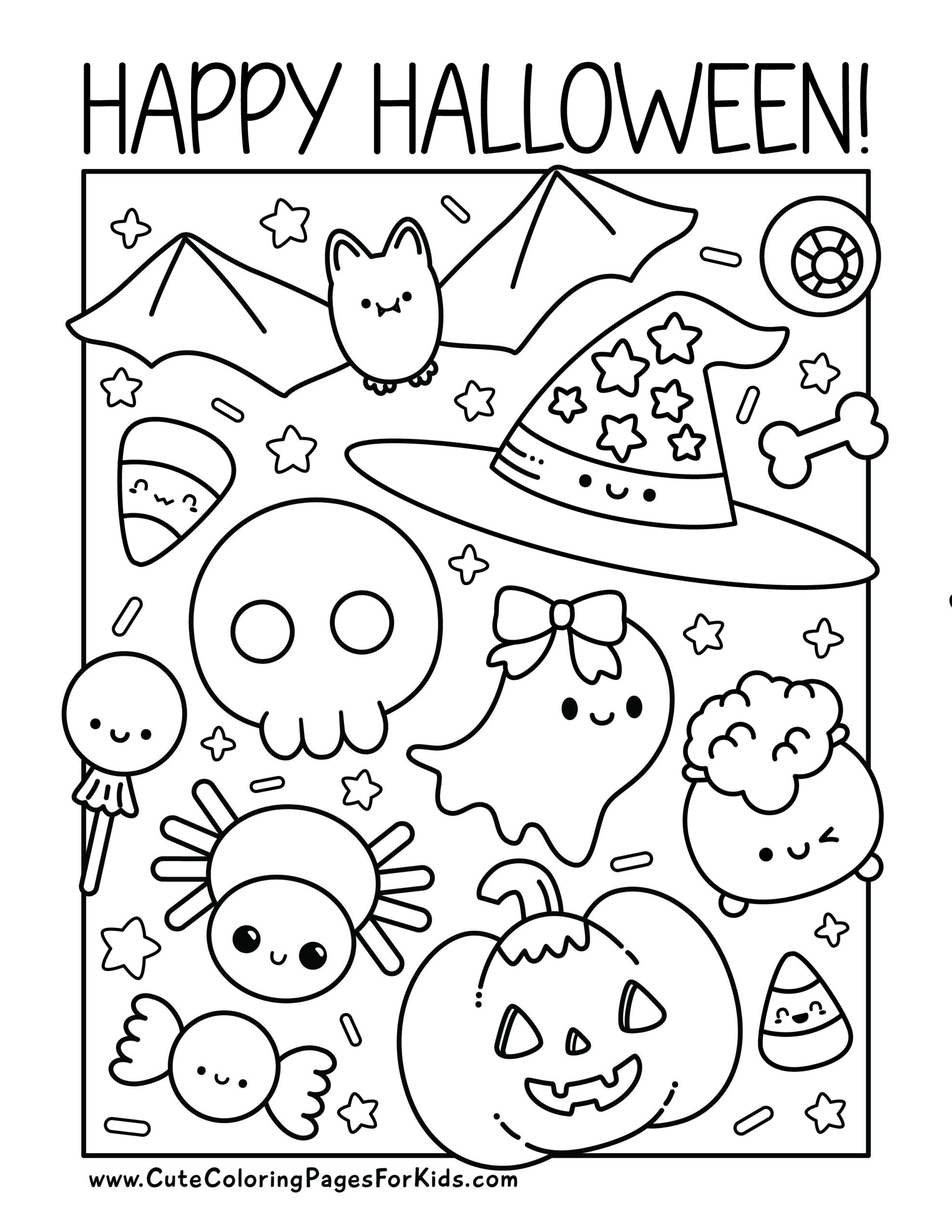 Happy Halloween coloring page with full page of line drawings of kawaii Halloween elements