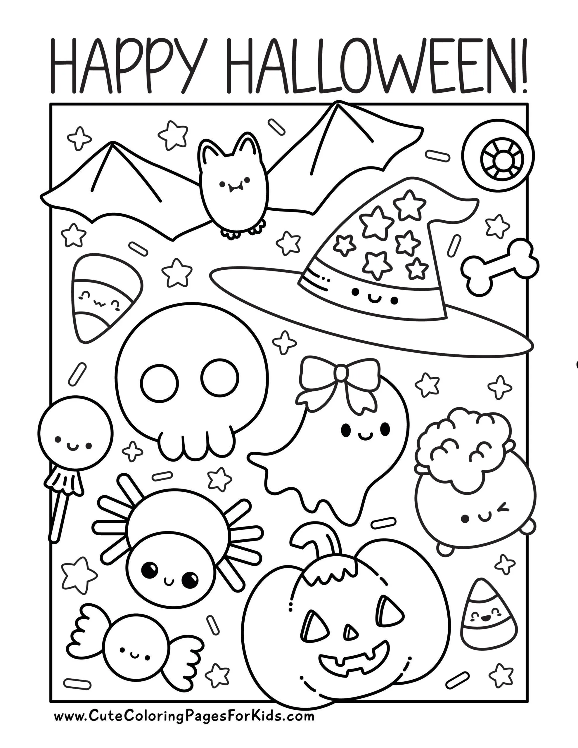 Happy Halloween coloring page with full page of line drawings of kawaii Halloween elements