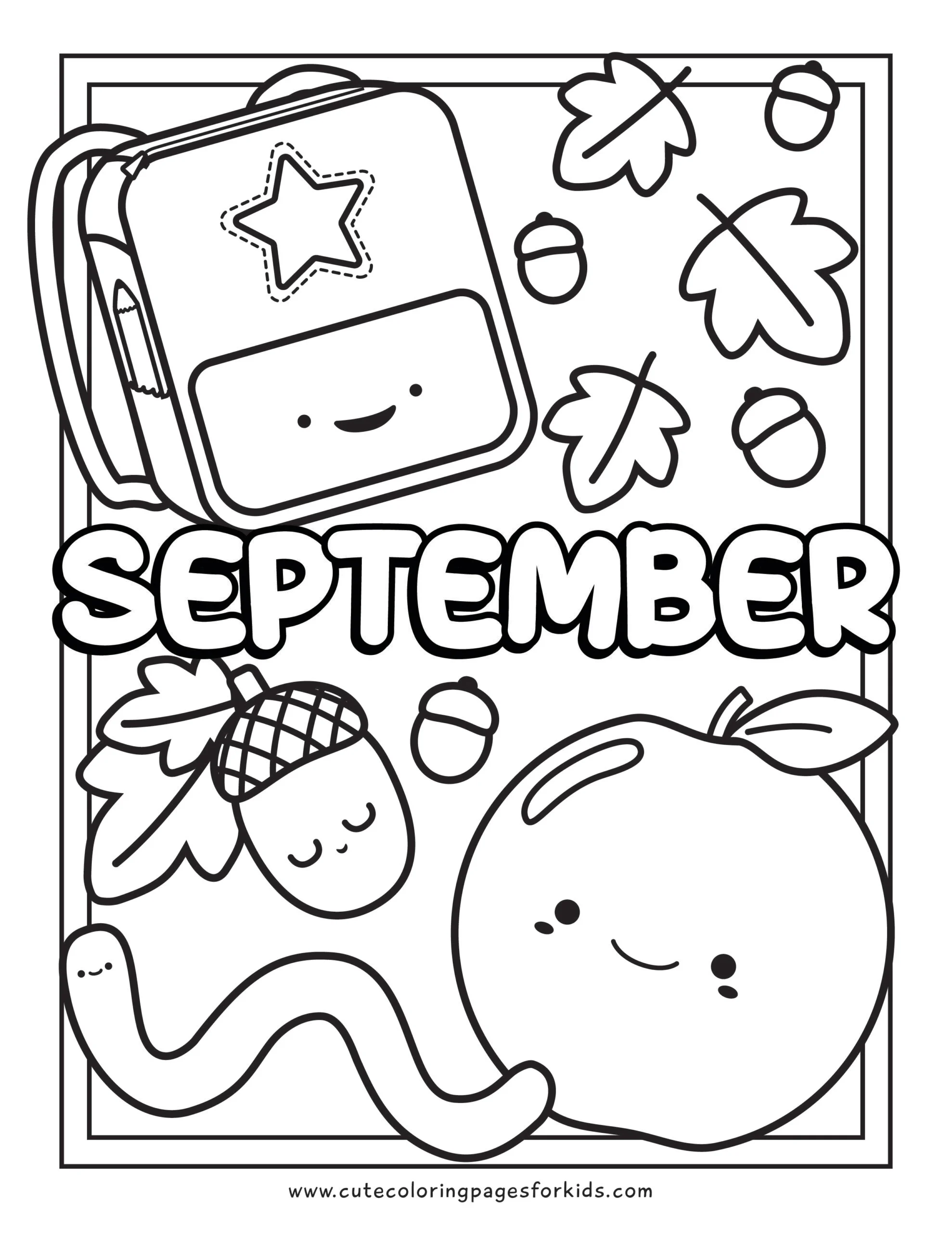 September coloring sheet with the word September in the middle of the page, and cute apple, backpack, worm, and acorn all around