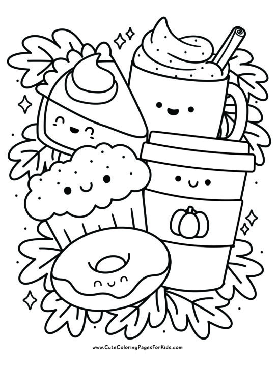 kawaii fall food coloring page with pumpkin pie, apple cider, pumpkin latte, spice muffin, and glazed donut, with fall leaves in the background