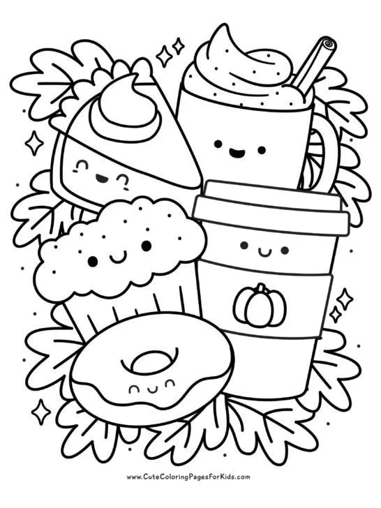 kawaii fall food coloring page with pumpkin pie, apple cider, pumpkin latte, spice muffin, and glazed donut, with fall leaves in the background