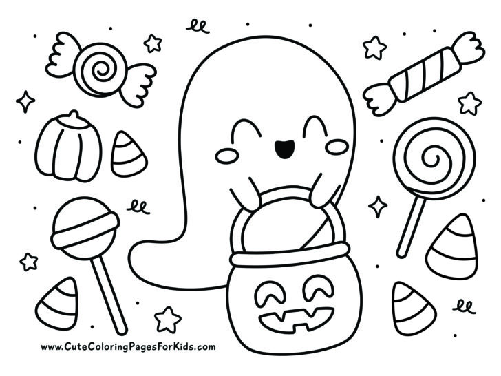 coloring page with picture of a cute, kawaii Halloween ghost holding a jack-o-lantern bucket and surrounded by candy