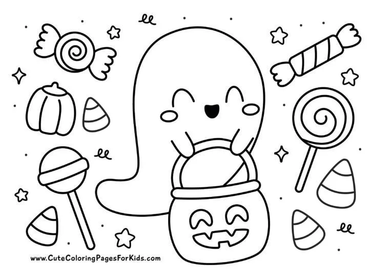 coloring page with picture of a cute, kawaii Halloween ghost holding a jack-o-lantern bucket and surrounded by candy