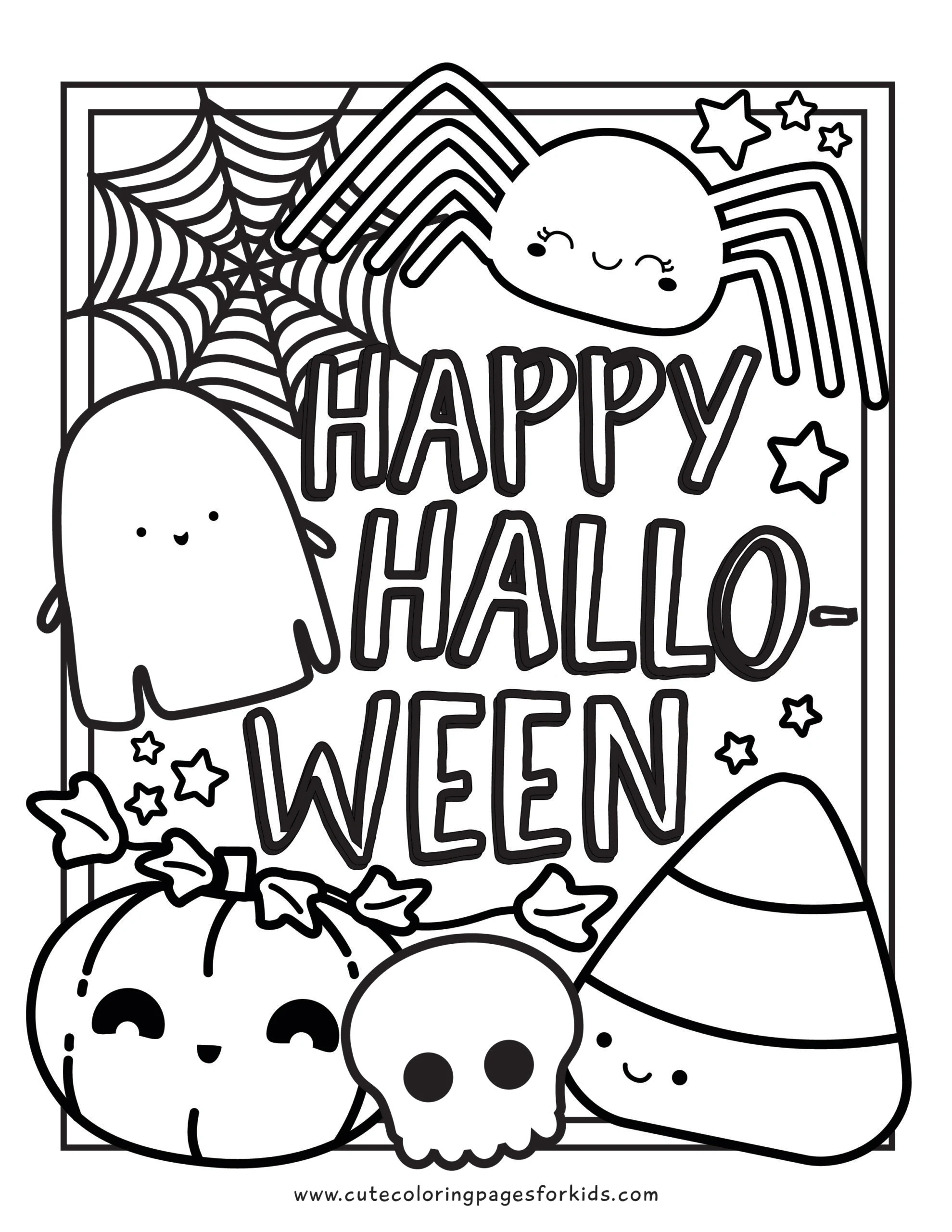 happy halloween words with cute halloween characters for coloring