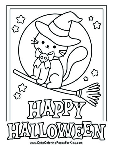 cute Halloween cat coloring page with a kitty as a witch flying on a broom with the moon in the background and the words happy halloween