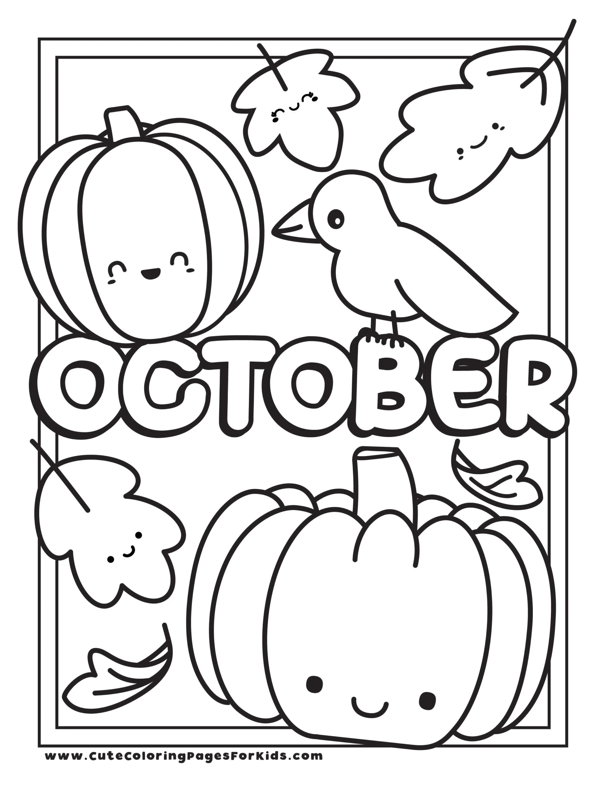 line drawing of smiling pumpkins, leaves, and a crow with the word October.