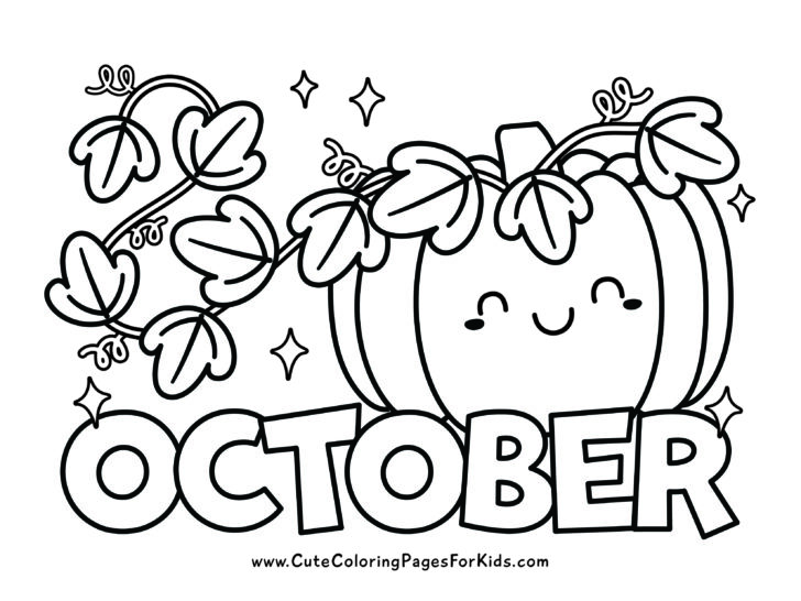 October coloring page with smiling pumpkin that has vines and the word October