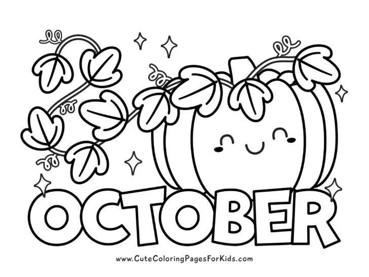 October coloring page with smiling pumpkin that has vines and the word October