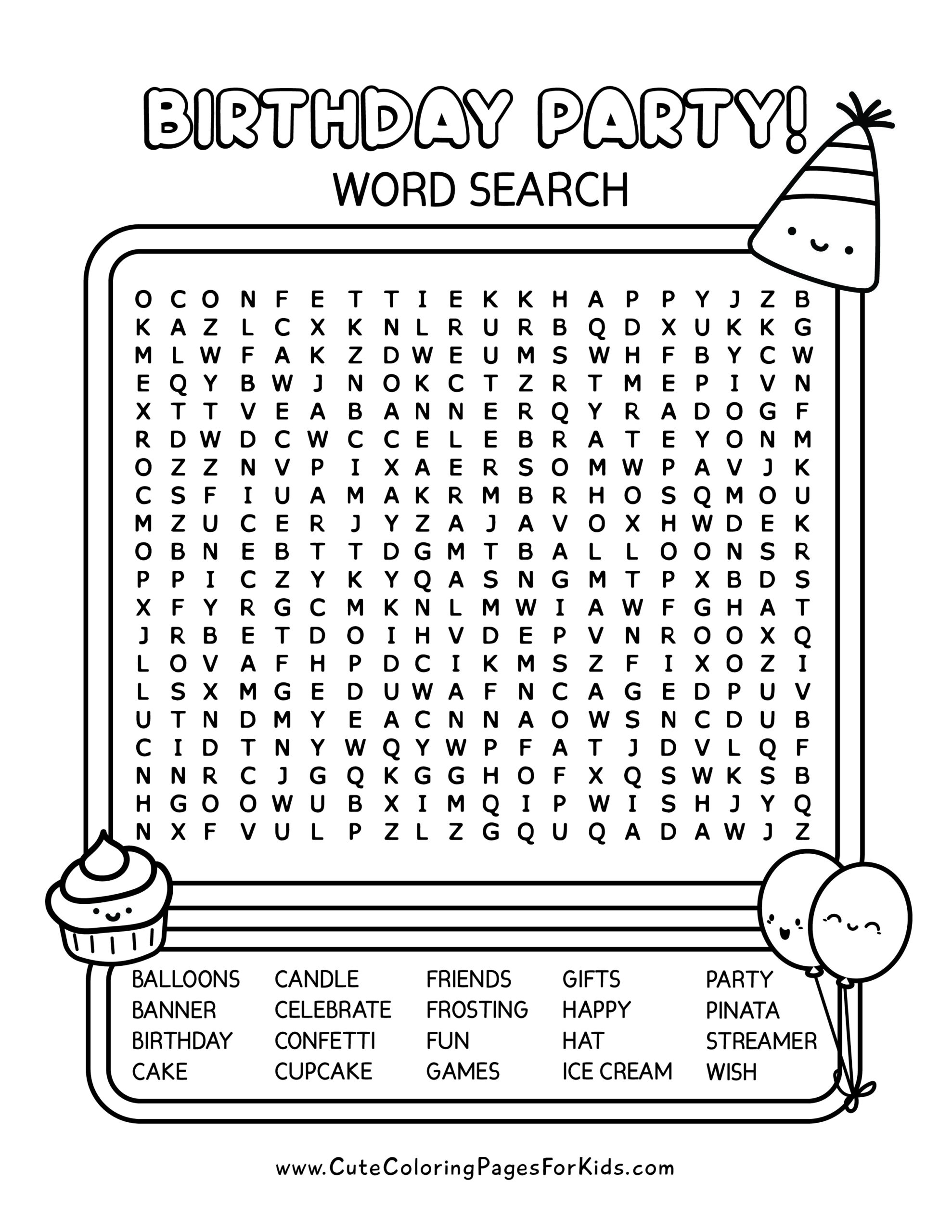 Birthday Party Word Search Cute Coloring Pages For Kids