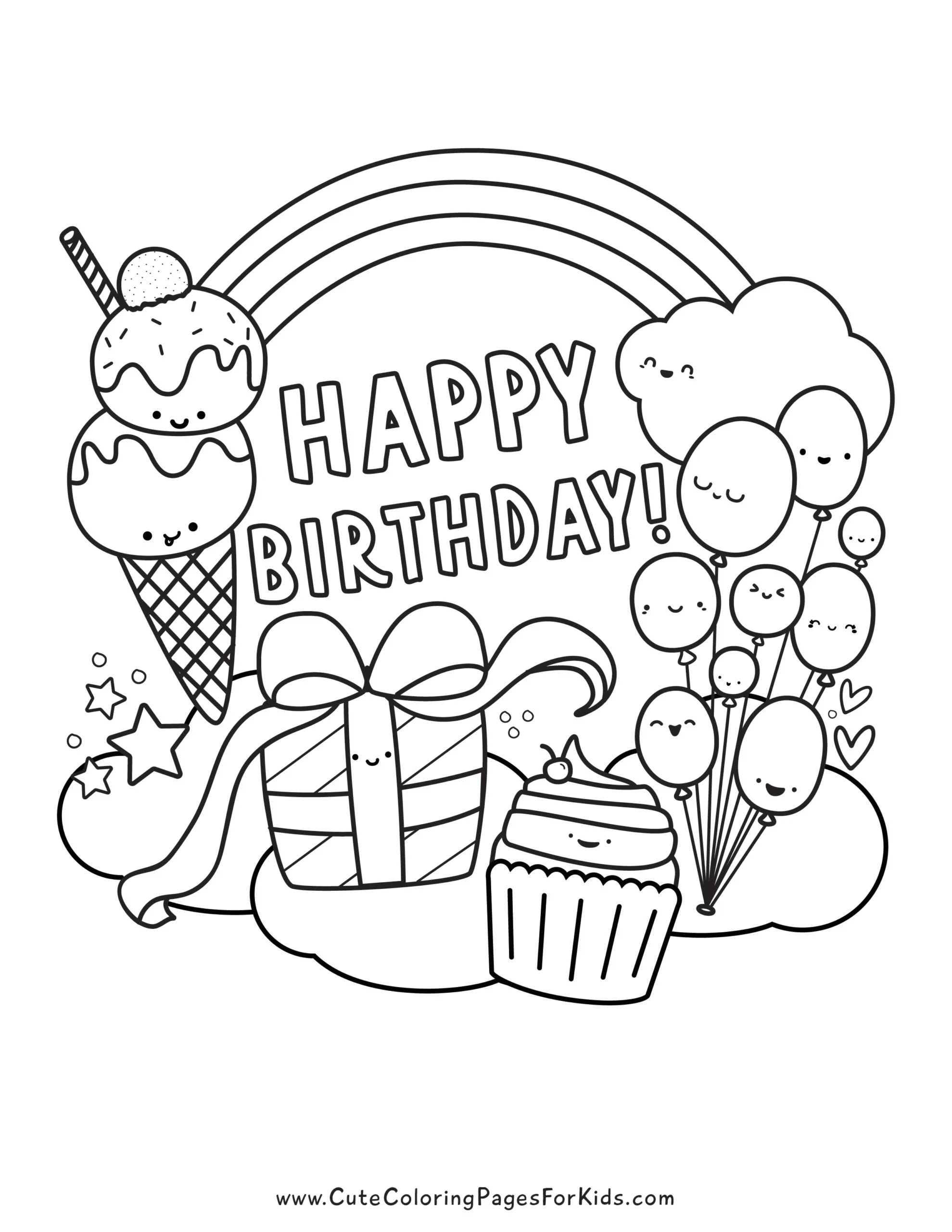 coloring sheet with the words happy birthday surrounded by cute kawaii birthday element characters like ice cream cone, present with bow, cupcake, and balloons, plus rainbow and cloud background