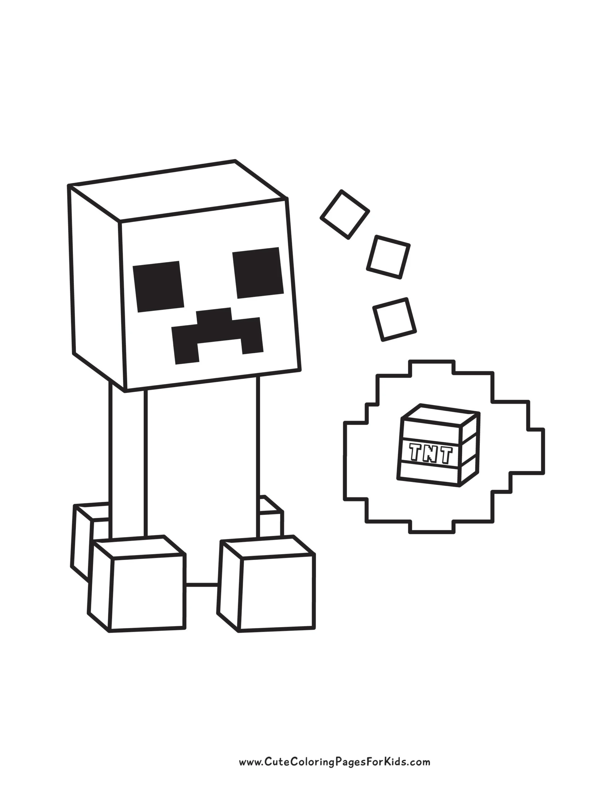 Coloring page with simple drawing of Minecraft creeper who is imagining TNT explosives