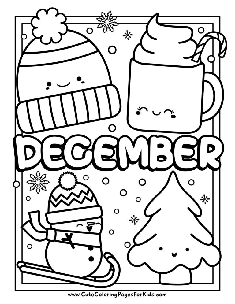 coloring page with the word December and line drawings of cute characters, such as a snowman skiing, a winter hat, a cup of hot chocolate, and a tree