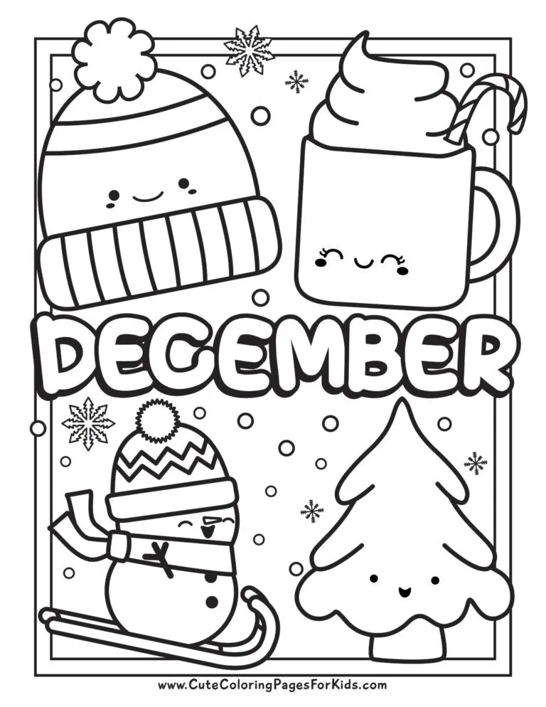 coloring page with the word December and line drawings of cute characters, such as a snowman skiing, a winter hat, a cup of hot chocolate, and a tree