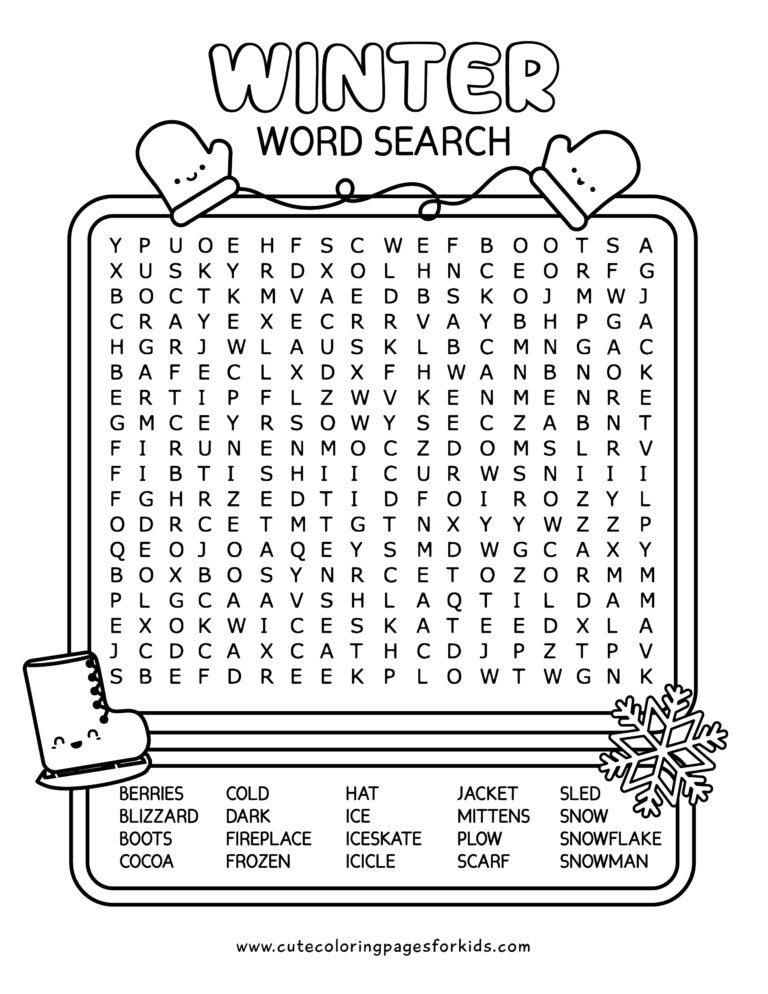 winter themed word search puzzle with 20 words. Puzzle is contained within a framed square with cartoon winter characters around.