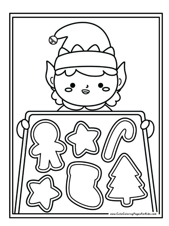 Christmas coloring page with line drawing of an elf holding a tray of Christmas cookies.