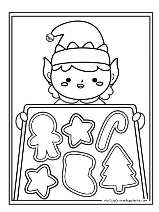 Christmas coloring page with line drawing of an elf holding a tray of Christmas cookies.