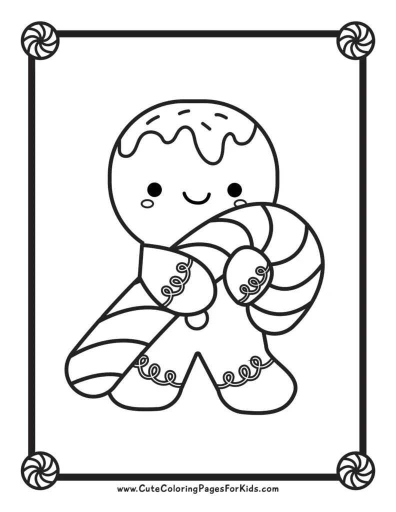 Christmas coloring sheet of a cute gingerbread man holding a candy cane, with peppermints in the border