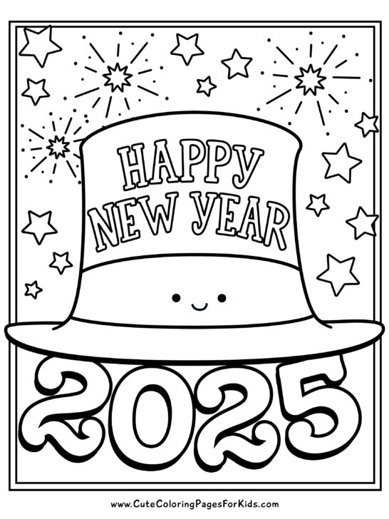 coloring page, black and white line drawing, with a cute Happy New Year hat, fireworks and stars, and the year 2025