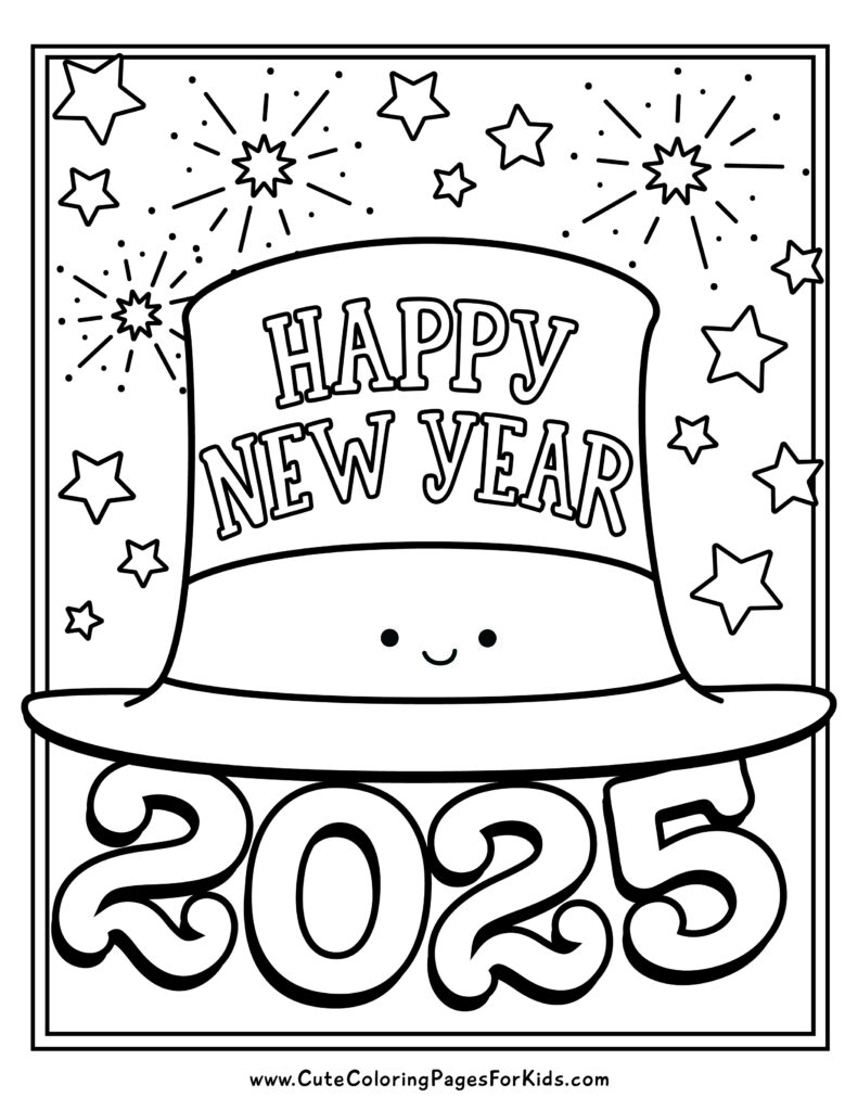 coloring page, black and white line drawing, with a cute Happy New Year hat, fireworks and stars, and the year 2025