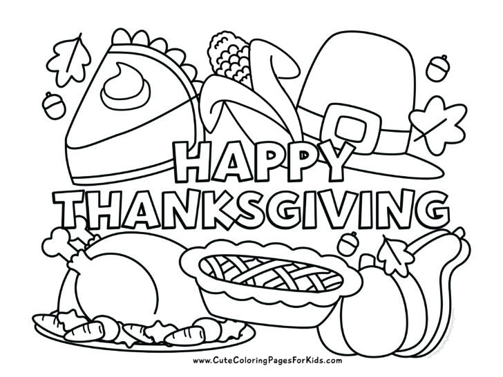 Happy Thanksgiving coloring page with a full page of pies, pilgrim hat, corn, roasted turkey, and pumpkins .