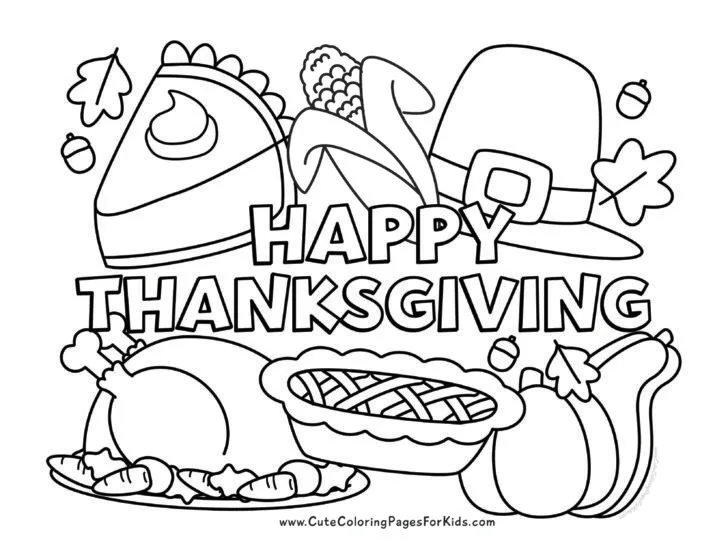 Happy Thanksgiving full page coloring sheet with pies, pilgrim hat, corn, roasted turkey, and pumpkins.