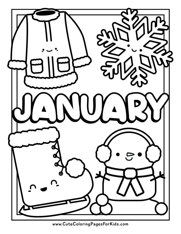 month of January coloring sheet with cute snowman, snowflake, coat, and ice skate in black and white