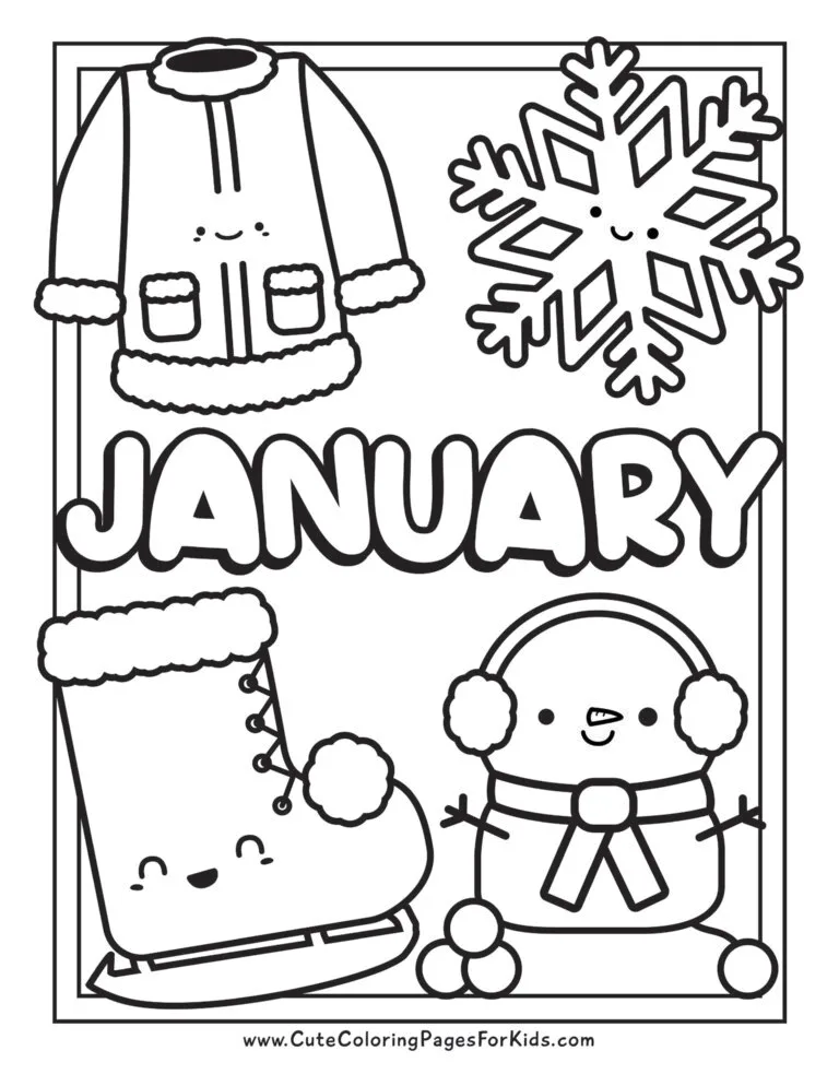 month of January coloring sheet with cute snowman, snowflake, coat, and ice skate in black and white