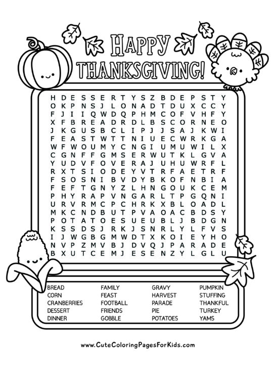 Thanksgiving Word Search - Cute Coloring Pages For Kids