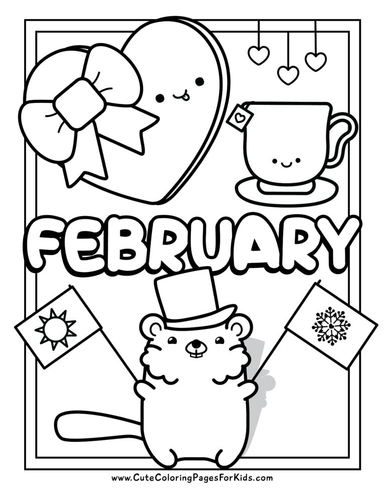 month of februay coloring page with cute groundhog, hear-shaped box of choclates, and cup of tea