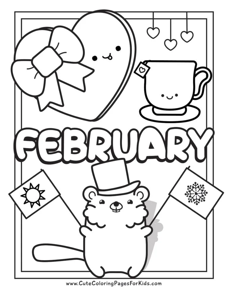 month of februay coloring page with cute groundhog, hear-shaped box of choclates, and cup of tea