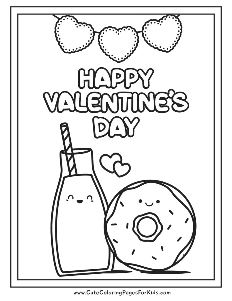 happy valentine's day coloring page with kawaii milk bottle and donut