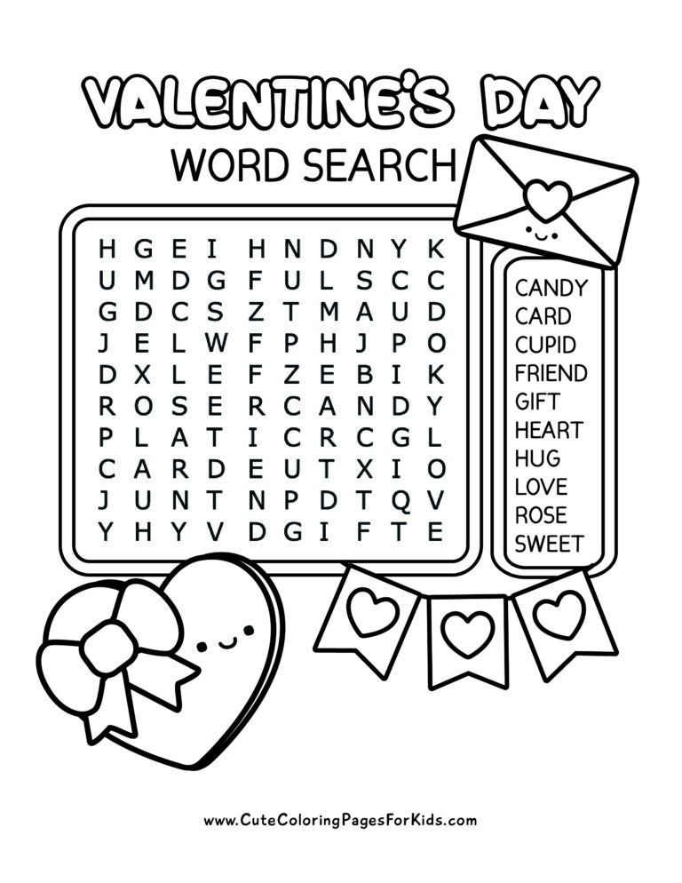 easy Valentine's day word search for kids with 10 words and simple illustrations in black and white of a candy heart box, a love letter envelope, and a heart banner.