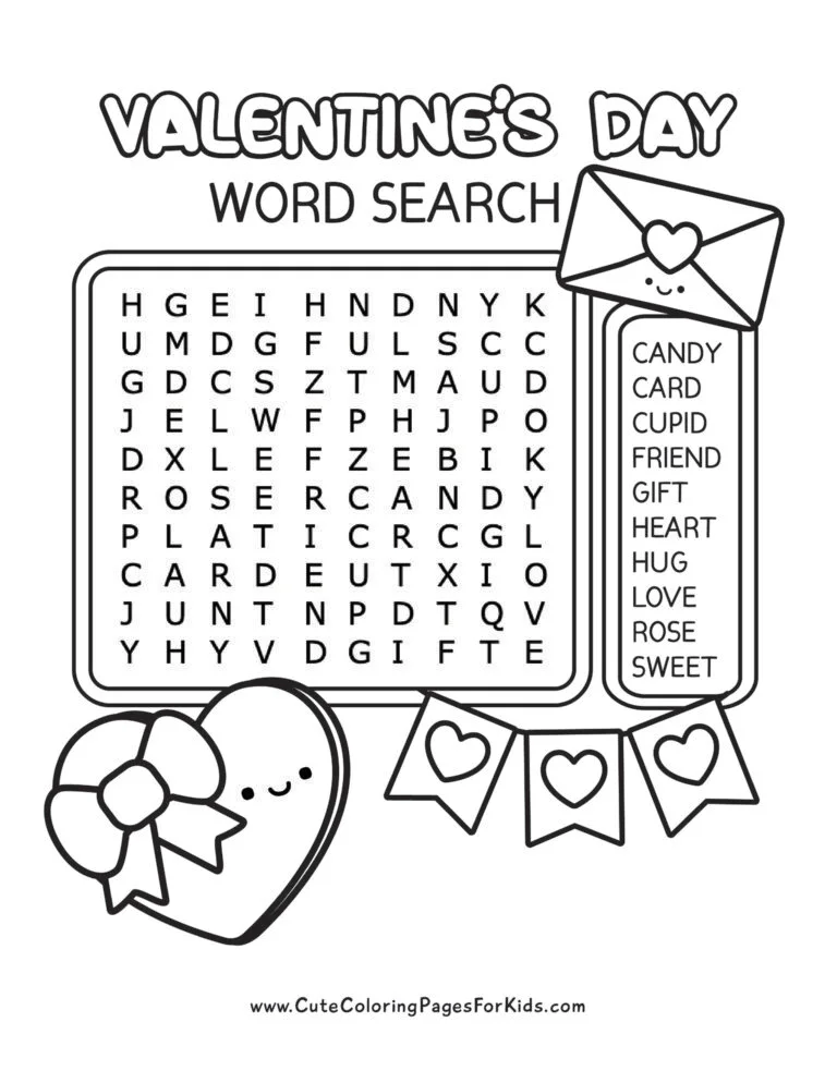 easy Valentine's day word search for kids with 10 words and simple illustrations in black and white of a candy heart box, a love letter envelope, and a heart banner.