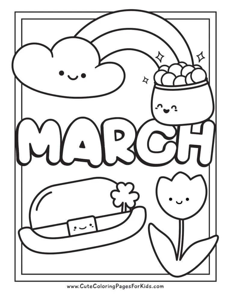 March coloring page with rainbow, pot of gold, leprechaun hat, and tulip in cute cartoon style line drawing.