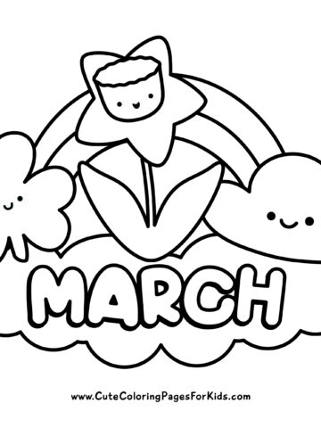 march coloring page with clover, daffodil, and rainbow with could