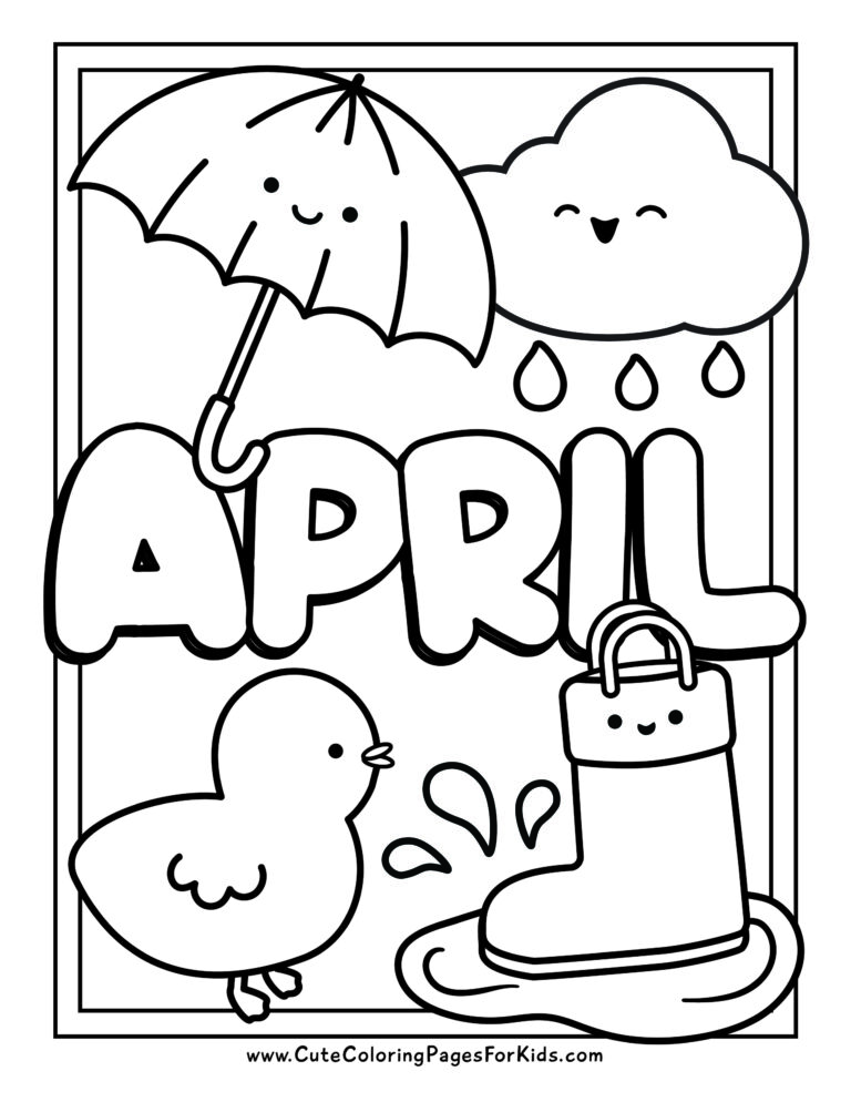 Simple April coloring sheet with a cute rain cloud, a happy umbrella, a rain boot in a puddle, and a duckling