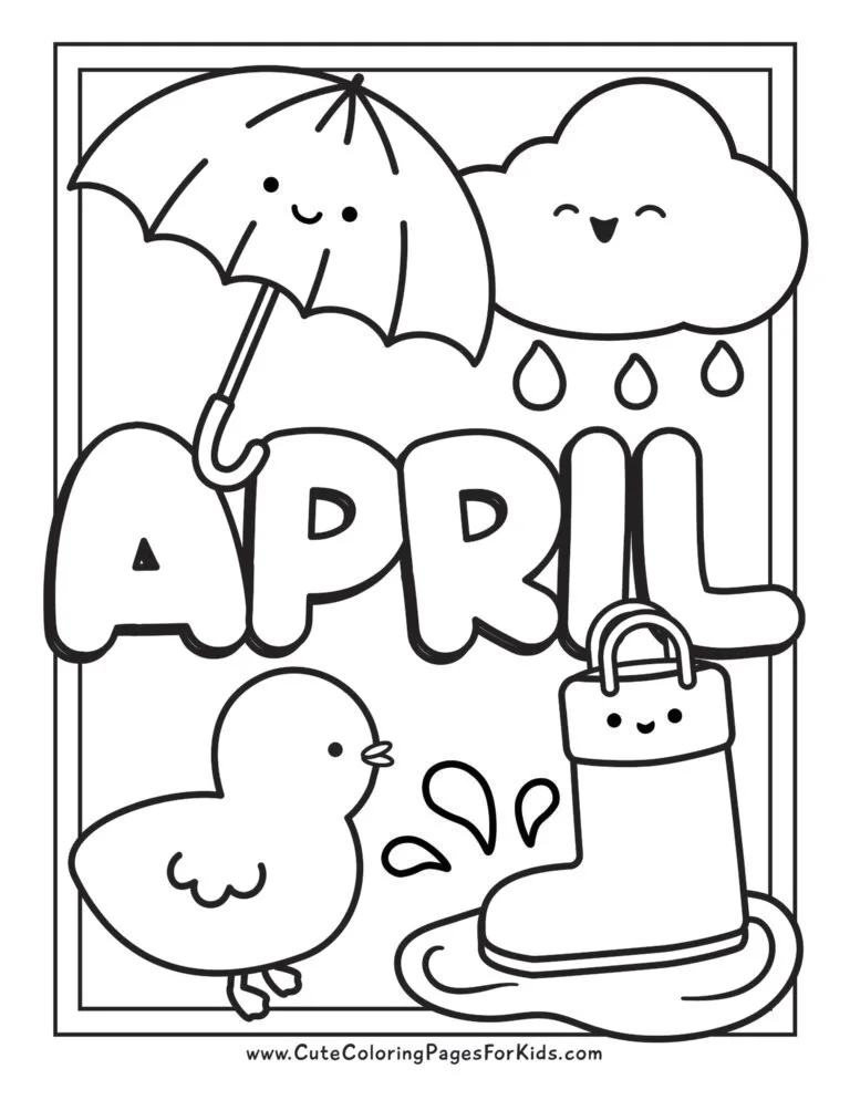 Simple April coloring sheet with a cute rain cloud, a happy umbrella, a rain boot in a puddle, and a duckling