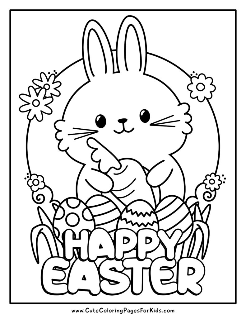 happy easter coloring page with cute bunny holding carrot, sitting in grass with easter eggs and flowers