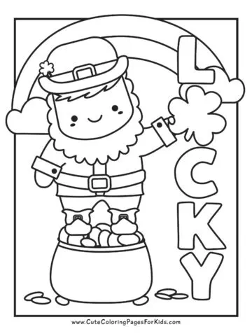 lucky leprechaun coloring page with pot of gold, shamrocks, and rainbow