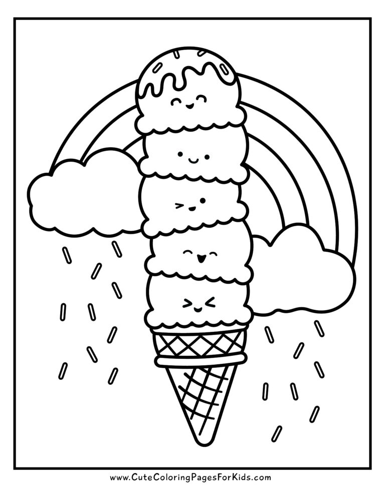 ice cream coloring page with ice cream cone that has five scoops of ice cream and a rainbow with sprinkles