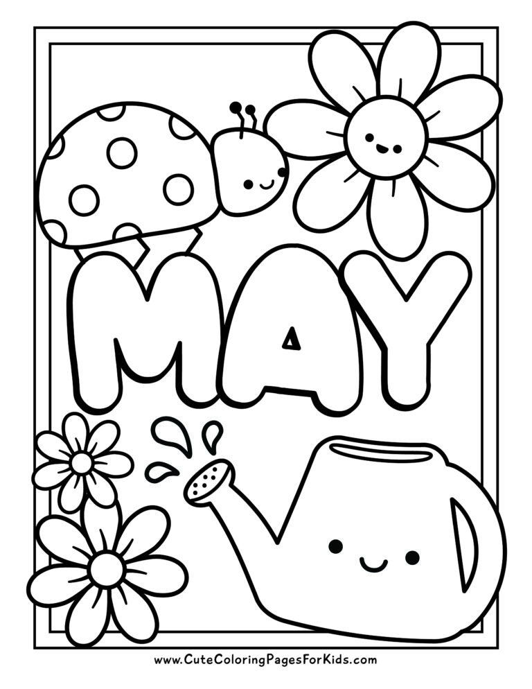 easy May coloring page with a ladybug, flowers, and a cute, smiling watering can with water splashes