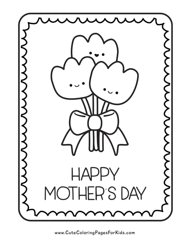 easy Happy Mother's Day coloring page for kids with a picture of a bouquet of three cute tulips wrapped in a bow