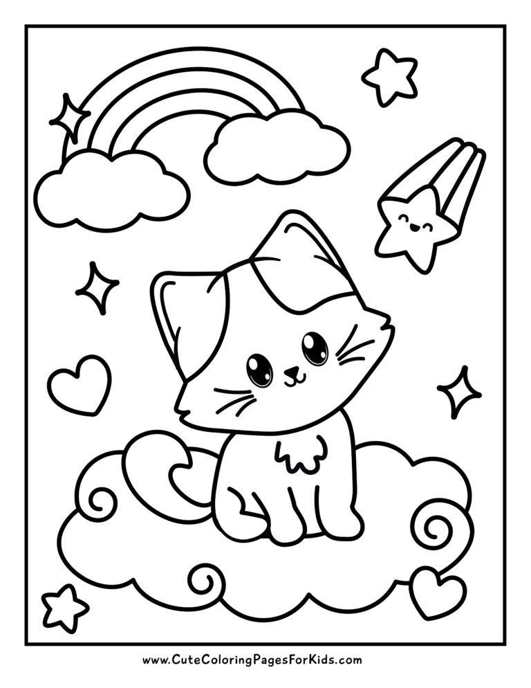 cute cat coloring page with shooting star and rainbow