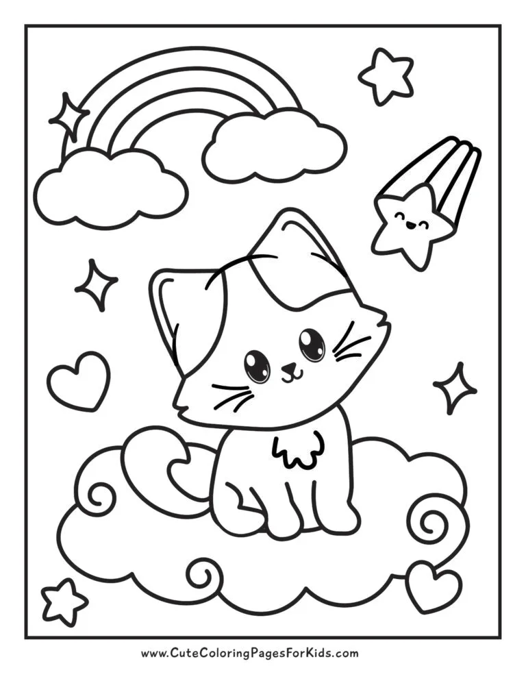 cute cat coloring page with shooting star and rainbow