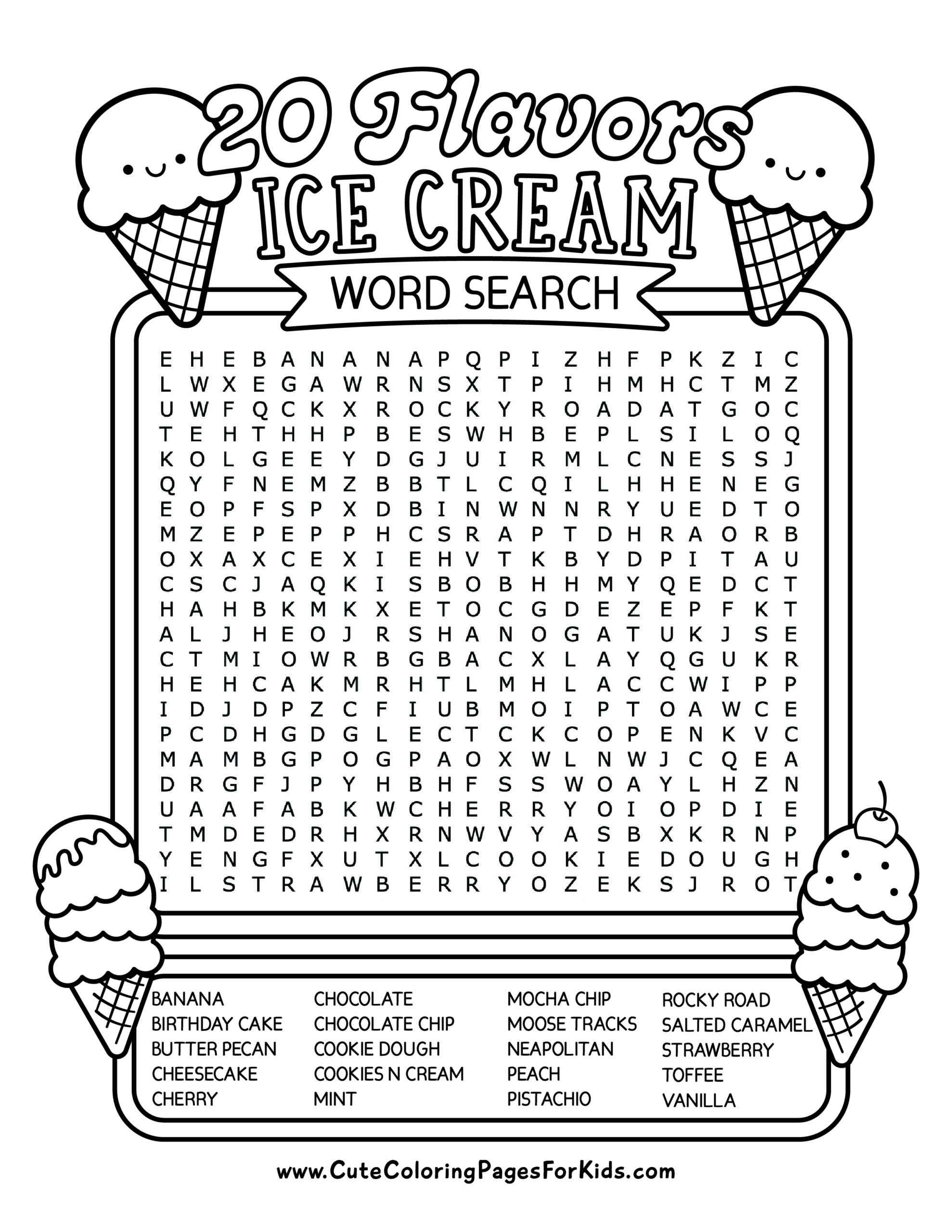 Free Printable Ice Cream Word Search For Kids - Cute Coloring Pages For ...