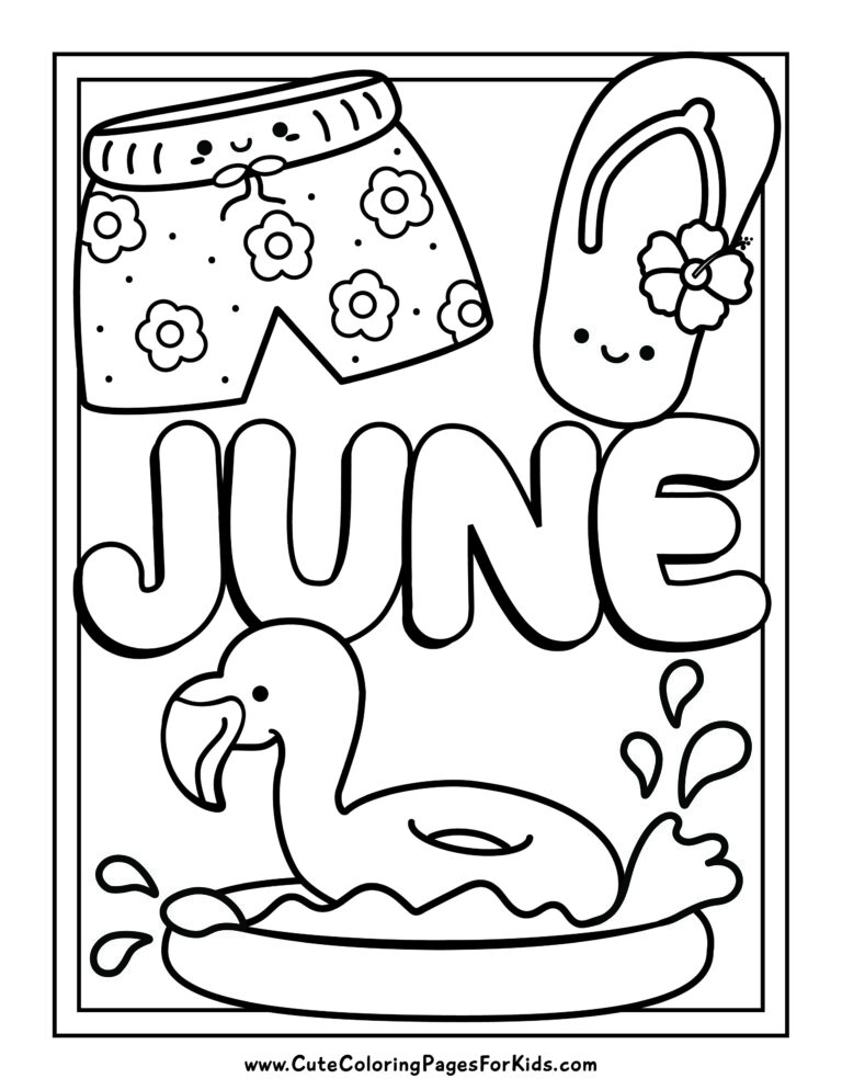 cute June coloring page with splashy flamingo pool float in a kiddie pool and cute shorts and flip flops