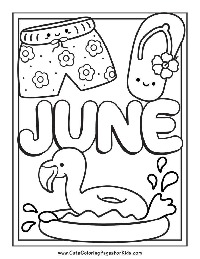 cute June coloring page with splashy flamingo pool float in a kiddie pool and cute shorts and flip flops