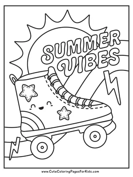 Summer vibes coloring sheet with cute roller skates, lightning bolts, and sunshine